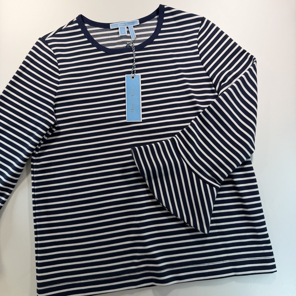Draper James Sadler Stripe Knit Tee White Navy Bell Sleeve Nautical S NWT